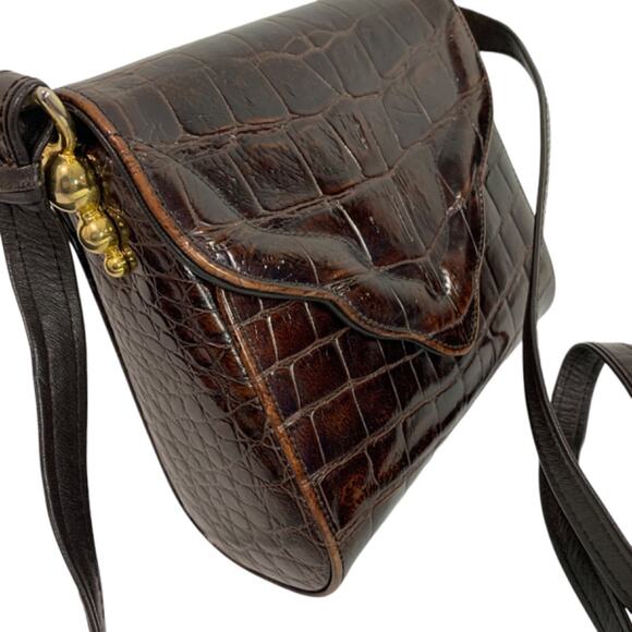 Sondra Roberts Faux Croc Embossed Brown Hardshell Purse Shoulderbag - Picture 2 of 7